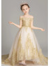 Off Shoulder Gold Lace Flower Girl Dress Birthday Girl Dress